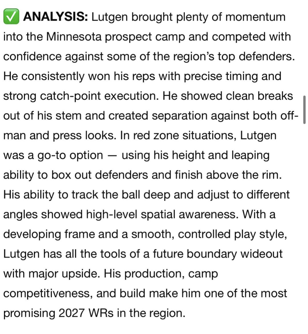 JT Lutgen Jr. (@jtlutgen_wr) on Twitter photo Thank you <a href="/sixstarfootball/">Six Star Football | PLUS+</a> for the write-up from Monday night's <a href="/Coach_Fleck/">P.J. Fleck</a> RTB camp!!! Going to keep grinding and getting stronger and faster, and will be ready to bring my best to the upcoming season.
<a href="/CoachMGSimon/">Matt Simon</a> <a href="/Shakes_Gophers/">John Schaekel</a> @OJW_scouting @nwahlscouting @ryanburnsmn Thank you <a href="/sixstarfootball/">Six Star Football | PLUS+</a> for the write-up from Monday night's <a href="/Coach_Fleck/">P.J. Fleck</a> RTB camp!!! Going to keep grinding and getting stronger and faster, and will be ready to bring my best to the upcoming season.
<a href="/CoachMGSimon/">Matt Simon</a> <a href="/Shakes_Gophers/">John Schaekel</a> @OJW_scouting @nwahlscouting @ryanburnsmn