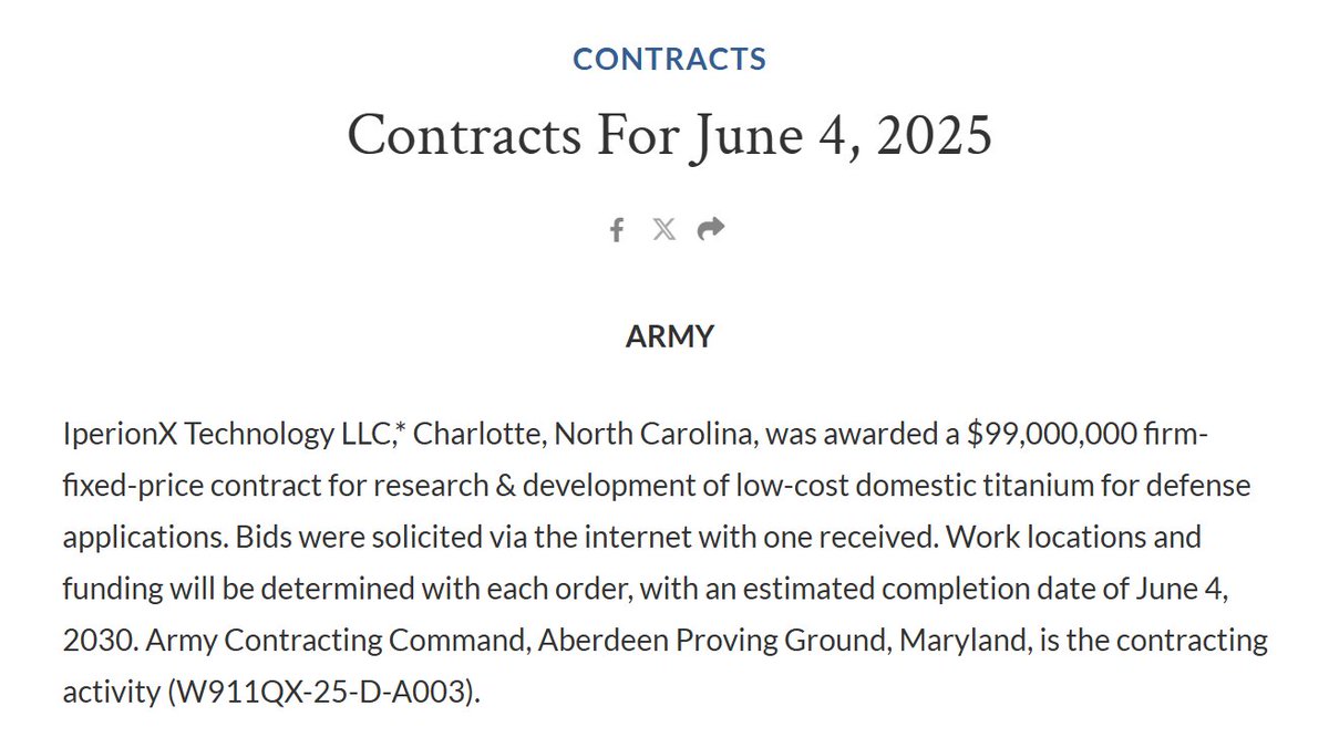 IperionX has been awarded a Small Business Innovation Research (SBIR) Phase III contract for up to US$99 million by the U.S. Department of Defense.

defense.gov/News/Contracts…

Structured as an Indefinite Delivery, Indefinite Quantity contract in support of achieving “Low-Cost