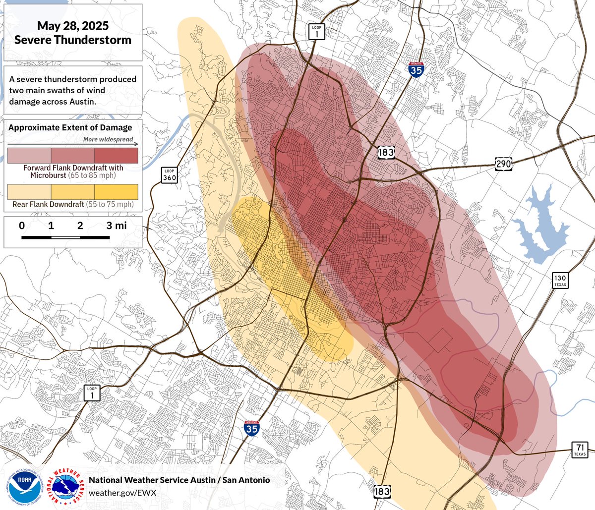 The National Weather Service has released the full damage assessment of the May 28th supercell and microburst event in Austin. Shows the approximate location of the core microburst winds of 65 to 85 mph as well as the rear flank downdraft winds of 55 to 75 mph. <a href="/NWSSanAntonio/">NWS Austin/San Antonio</a>