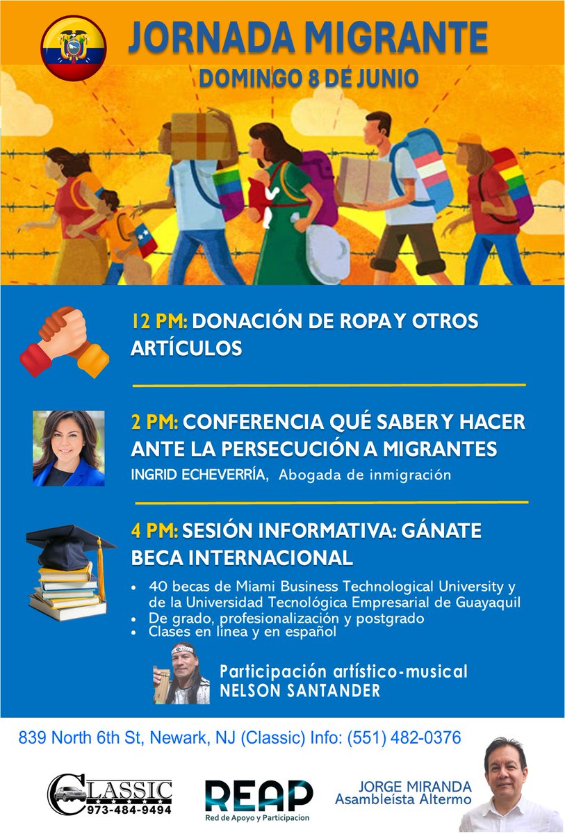 Jornada migrante en Newark, Nueva Jersey:

a) 12 PM: Donación de ropa y otros artículos.

b)2 PM: Conferencia: Qué saber y hacer ante la persecución a migrantes con la abogada de inmigración Ingrid Echeverría

c)4 PM: Sesión informativa: Gánate beca internacional (Miami Business