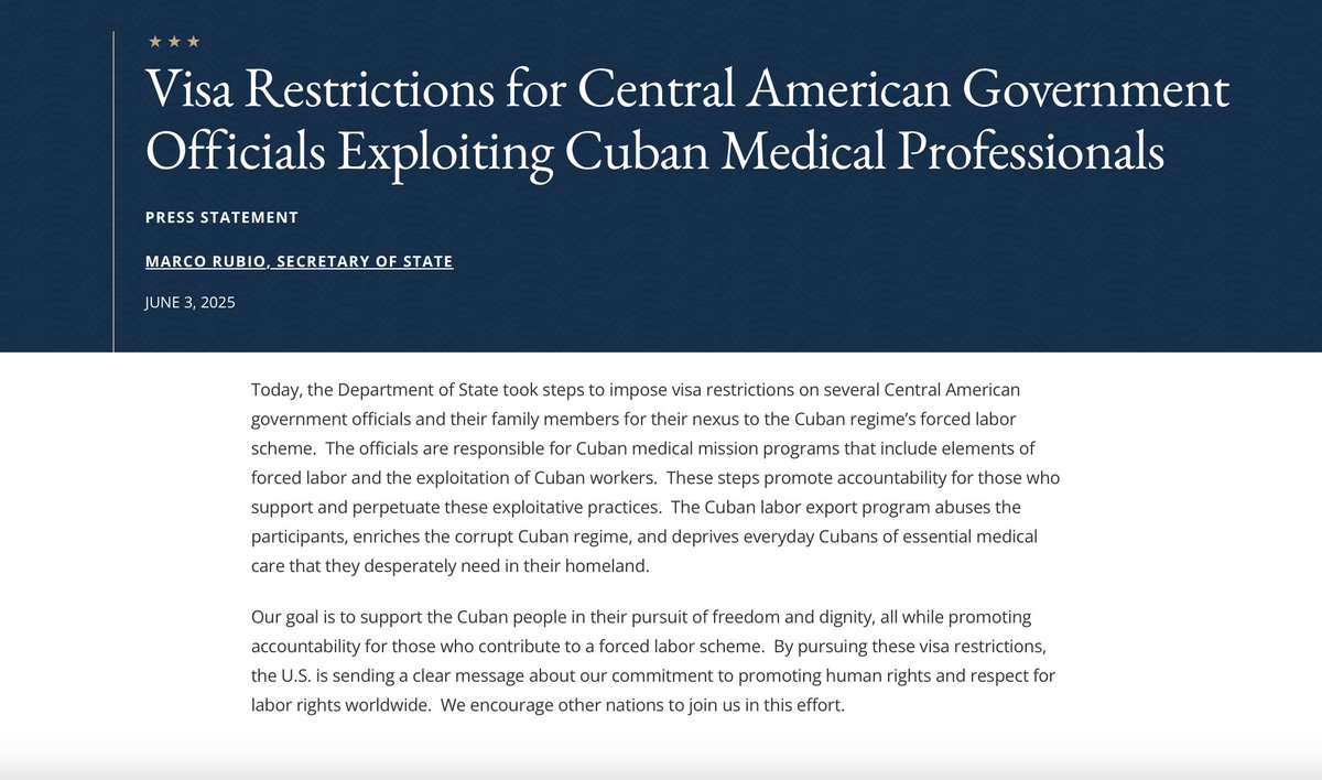 camilapress's tweet photo. Marco Rubio announced yesterday that the U.S. has moved to penalize governments for partnering with Cuba to ensure access to medical care for citizens.

Central America, still enduring underdevelopment as a result of colonialism, is sanctioned for needing doctors. https://t.co/GCszbjgxtR