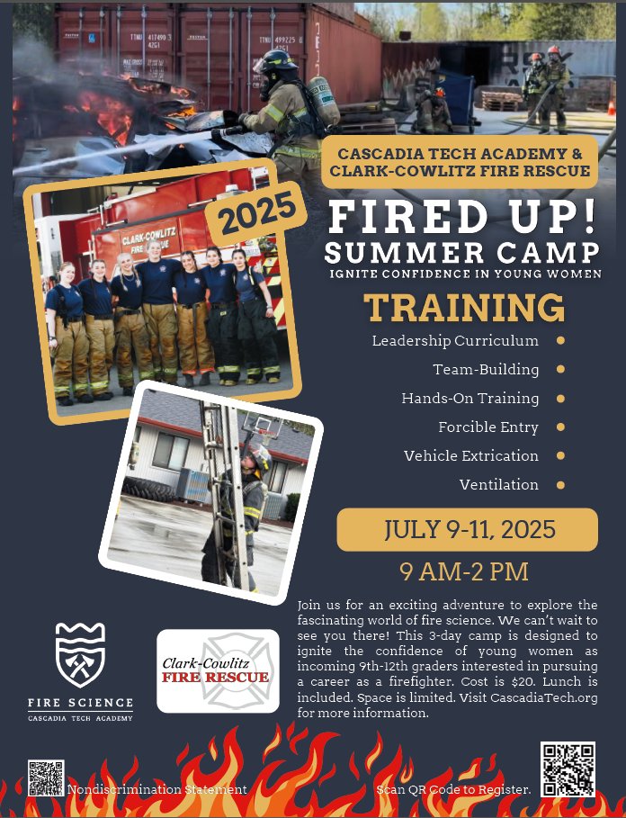 C_C_F_R's tweet photo. Cascadia Tech Academy and Clark-Cowlitz Fire Rescue are hosting a summer camp! Fired Up!, an all-girls camp designed to ignite confidence, curiosity, and a passion for growth in a supportive and inclusive environment. Open to girls entering their freshman through senior year. https://t.co/QMWxM5ooUm