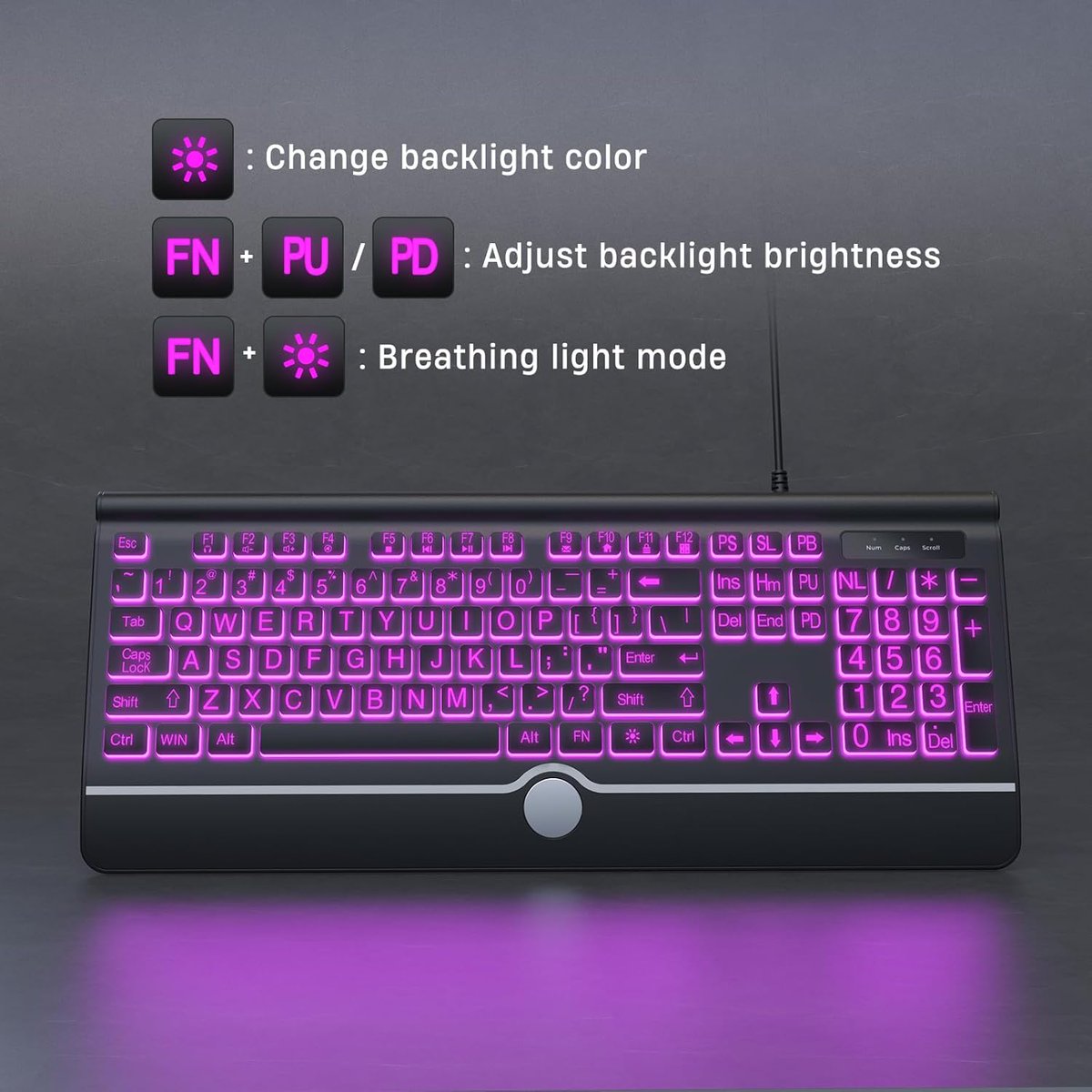 Large Print Backlit USB Wired Keyboard with 7 Color Backlight, Wrist Rest Easy Visibility and Quick Setup

💡 Brighten your typing with 21% off this vibrant, easy to see keyboard deal

• Retail Price : $32.99  
• Discounted Price : $26.06  
• View on Amazon :