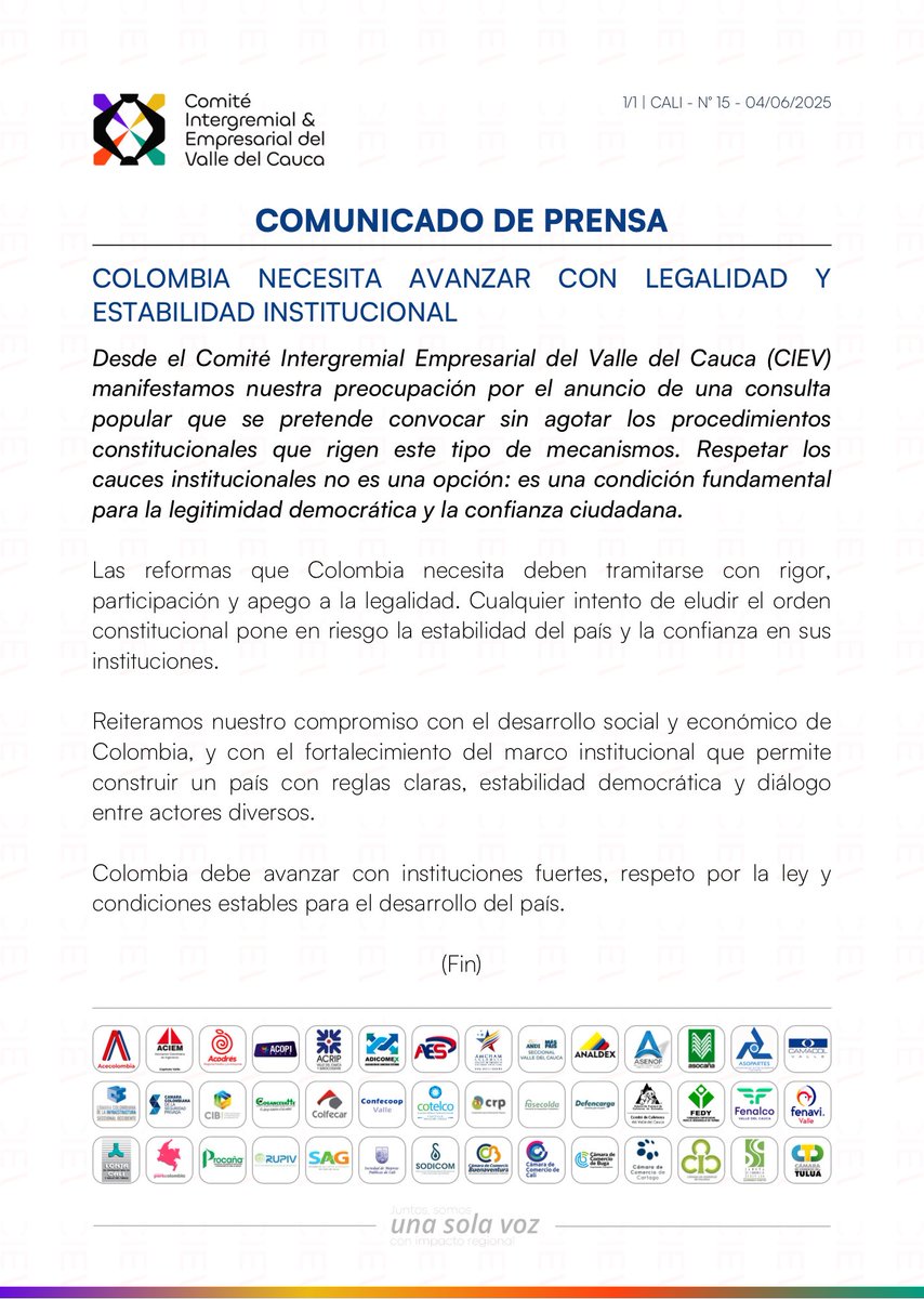 CIEValle's tweet image. #Comunicado | 📢 Desde los gremios empresariales del Valle del Cauca manifestamos nuestra preocupación por la convocatoria de una consulta popular sin agotar los procedimientos constitucionales.

Respetamos los mecanismos de participación, pero reiteramos la importancia de que se…
