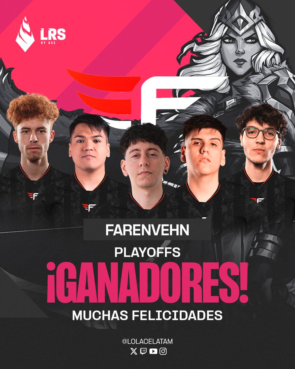 ¡LA CIMA ES SUYA! 👑

🪽 ¡ @FarenvehnGE  se corona CAMPEÓN del Split 1 de la #LRS!🪽

Han demostrado su superioridad y consistencia a lo largo de toda la temporada y Playoffs.🏆

👏 ¡Un aplauso para estos gigantes de la grieta! ¡MUCHAS FELICIDADES! 🎉