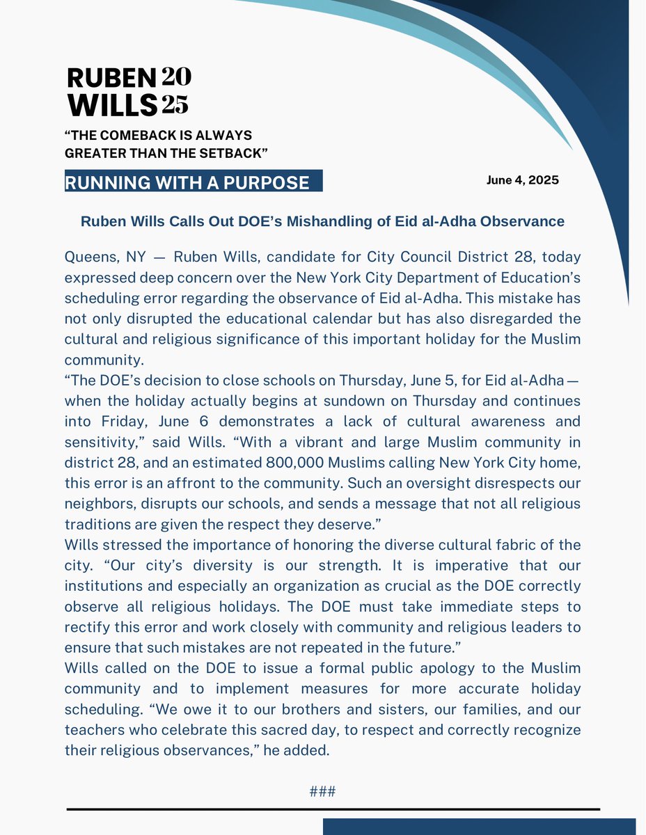 Today, I called out the DOE's error on Eid al-Adha, closing schools on June 5th instead of recognizing the holiday’s start. We must honor all traditions! #RunningWithAPurpose #RubenWills2025 #District28 #NYCCouncil