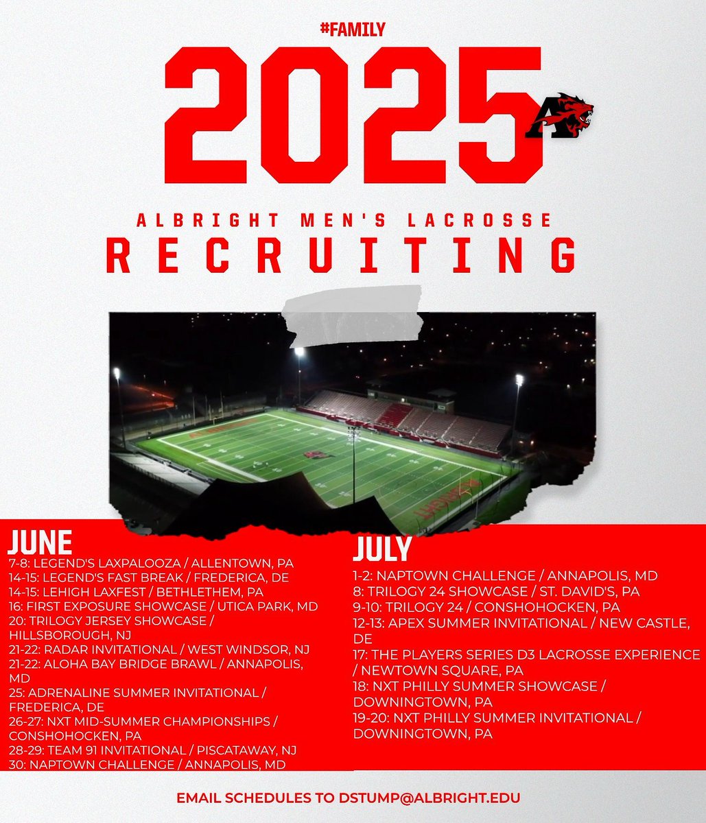Albright Lacrosse (@albrightlax) on Twitter photo Check out where Coach Stump and the staff will be evaluating this summer season!
Email schedules and film to dstump@albright.edu
#FAMILY Check out where Coach Stump and the staff will be evaluating this summer season!
Email schedules and film to dstump@albright.edu
#FAMILY