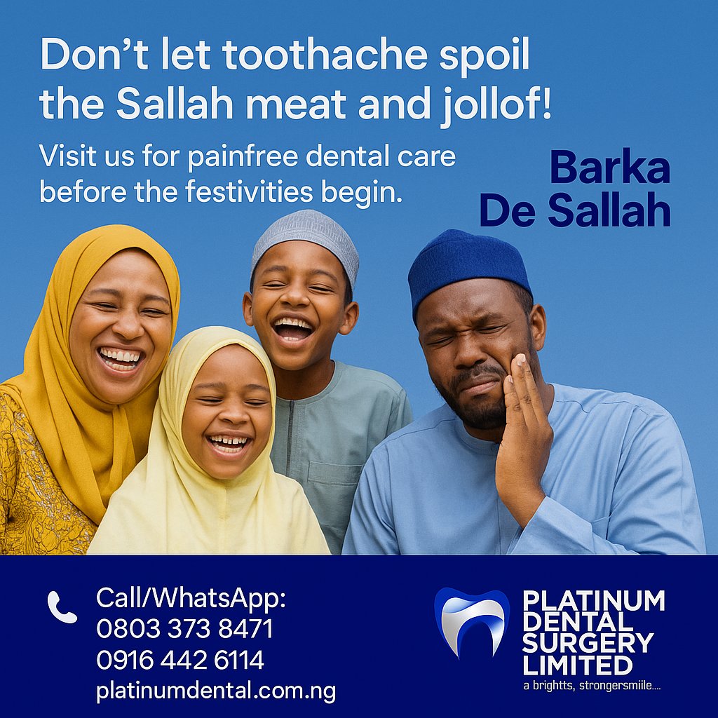 platinumde's tweet photo. 😣 Toothache during Sallah? That’s a no-no!
Don’t let the pain rob you of the meat, jollof, and all the sweet Sallah vibes.

At Platinum Dental Surgery, we offer painfree, stressfree care that lets you enjoy the festivities without holding your cheek in pain. 🦷✨

📞 Call/WhatsApp: 0803 373 8471, 0916 442 6114
🌐 Visit: https://t.co/rCwfjjz3Gu