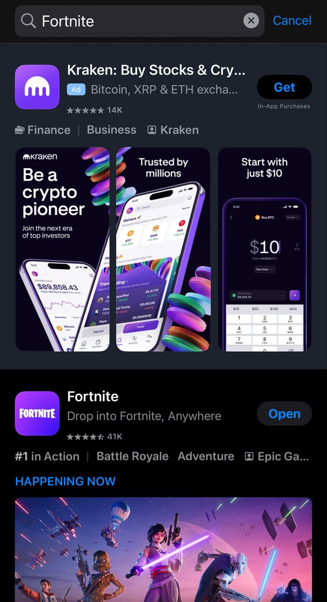 TimSweeneyEpic's tweet image. Hey kids! Looking to play Fortnite? Try this crypto and stock trading app instead. Rated for ages 4+. Courtesy of Apple App Store ads.