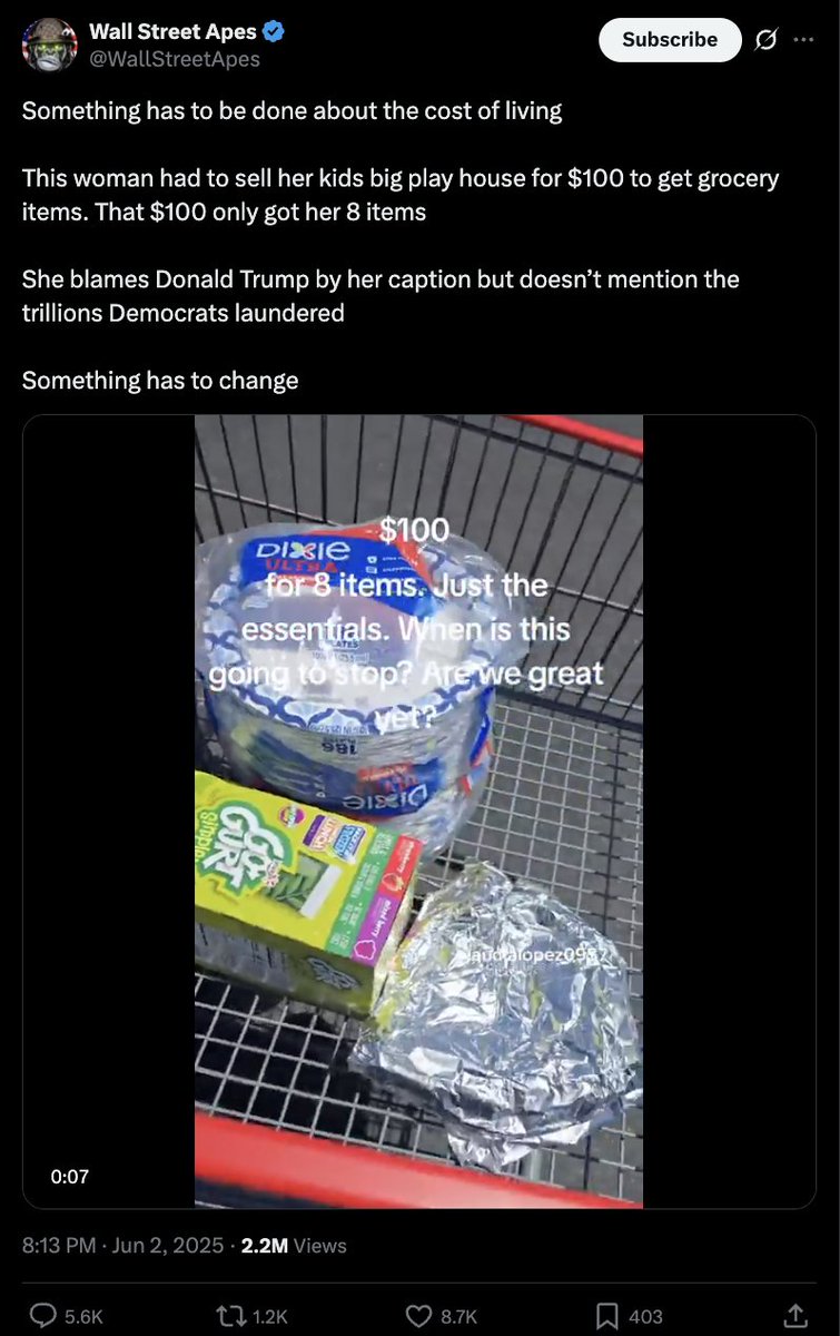Ellie likes data (@ellim992) on Twitter photo <a href="/JamesSurowiecki/">James Surowiecki</a> That account has just been engagement farming.
Yesterday was "grocery bill was $100 for 8 essential items!" and no food in the cartâ which you're supposed to point out so it đ
We're getting stupider because the alg boosts stupid. <a href="/JamesSurowiecki/">James Surowiecki</a> That account has just been engagement farming.
Yesterday was "grocery bill was $100 for 8 essential items!" and no food in the cartâ which you're supposed to point out so it đ
We're getting stupider because the alg boosts stupid.