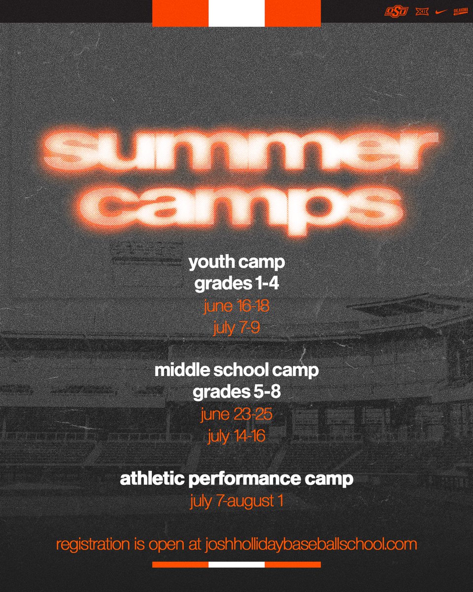 OSU Cowboy Baseball (@osubaseball) on Twitter photo Itโs camp season, and we want to see you at OโBrate! 
Info/signup โก๏ธ Joshhollidaybaseballschool.com Itโs camp season, and we want to see you at OโBrate! 
Info/signup โก๏ธ Joshhollidaybaseballschool.com