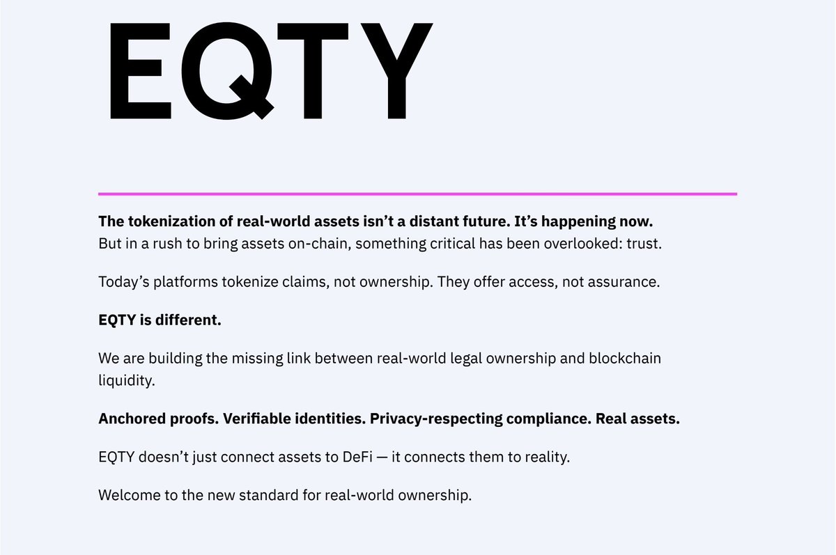 StreetDucklings's tweet photo. @TheLTONetwork 💎🙌 $LTO

#RWA future is here🔥🚀

#EQTY is different. 

We are building the missing link between real-world legal ownership.

👇check out the Litepaper👇

https://t.co/SZ3bzZf5jD https://t.co/w2YcCsuuc8