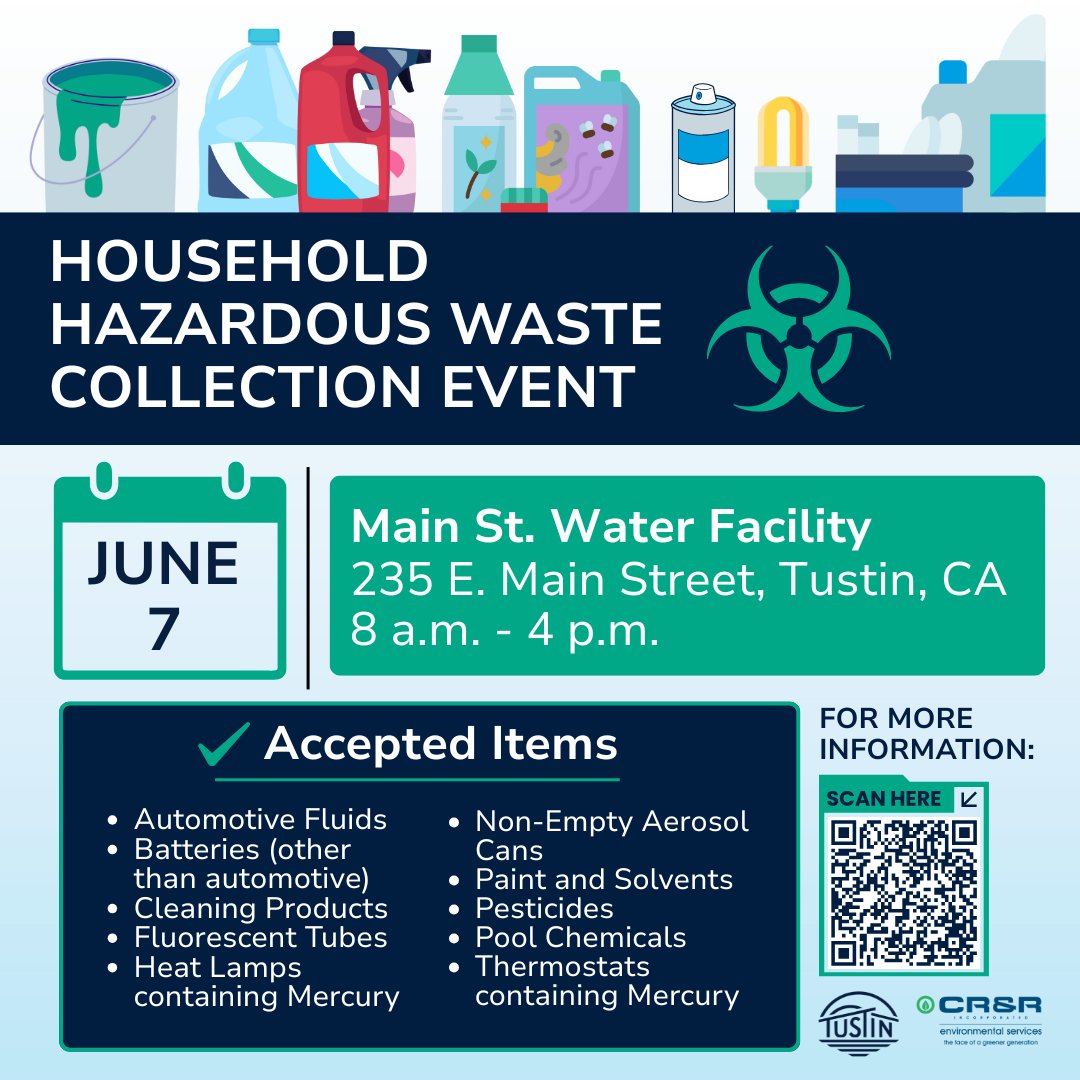 🔔Reminder! CR&amp;R’s free Household Hazardous Waste Collection Event is happening this weekend! 🧪🛢️🔋
📅 Saturday, June 7, 2025
🕗 8 AM – 4 PM
📍 235 E. Main St, Tustin, CA 92780
Details: tustinca.org/hhw
More HHW sites: oclandfills.com/hazardous-waste