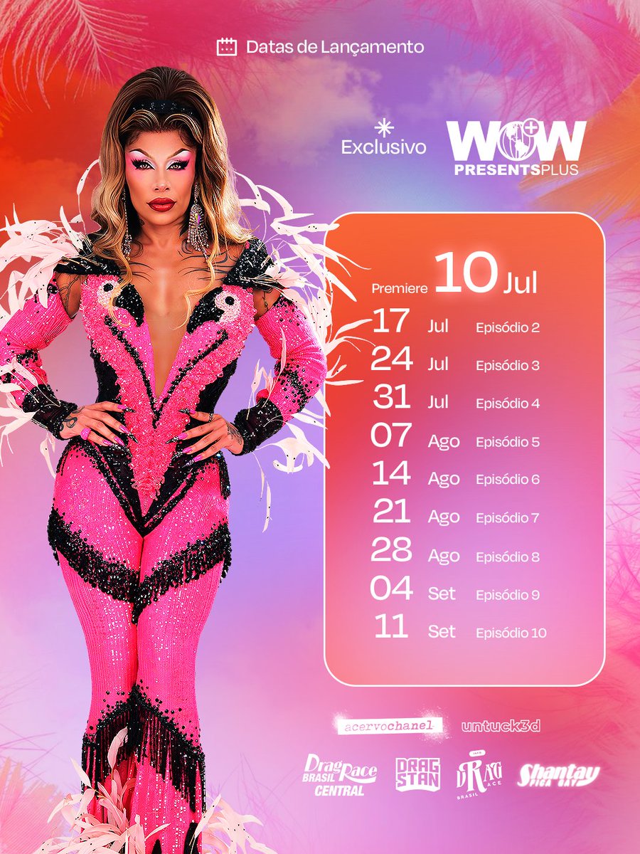 🚨Confira o cronograma de lançamento para os episódios do Drag Race Brasil! 🇧🇷

Episódios novos toda quinta-feira, a partir do dia 10 de julho, exclusivamente na WOWPresents Plus! 

Fiquem de olho nas redes pra não perder nada! #DragRaceBR
