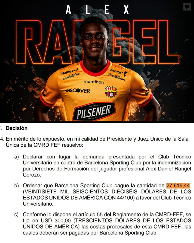 Barcelona deberá pagar $27.616.44 a Técnico Universitario por los derechos de formación del jugador Álex Rangel, si el club Canario no paga tendrá una nueva sanción para inscribir jugadores.