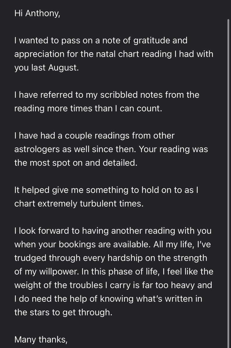 AnthonAstro's tweet image. My readings are open for selected availability. If you’d like to consult the stars using Hellenistic astrology, please book with me!
Here are a few testimonials!
anthonastro.cargo.site