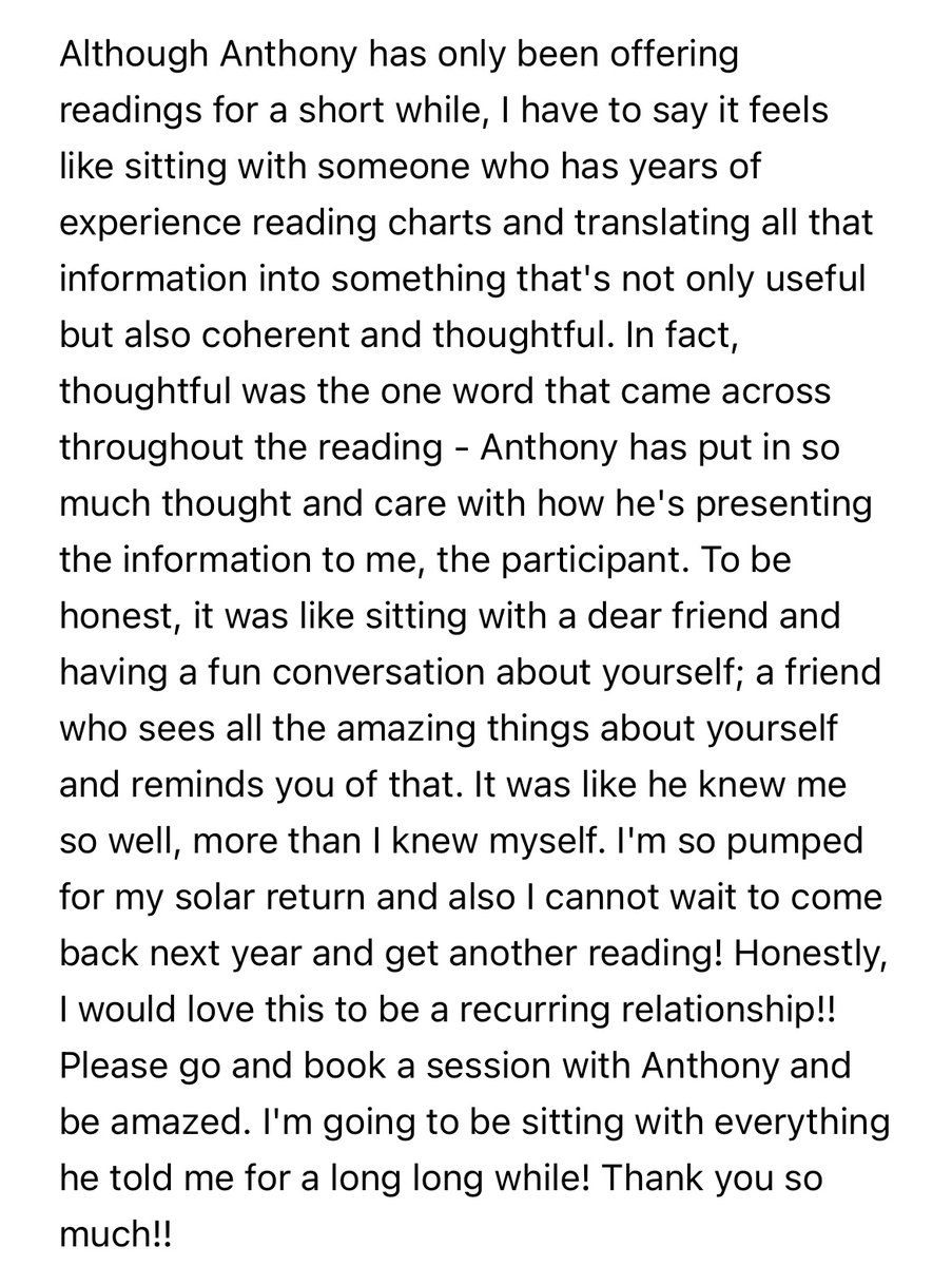 AnthonAstro's tweet image. My readings are open for selected availability. If you’d like to consult the stars using Hellenistic astrology, please book with me!
Here are a few testimonials!
anthonastro.cargo.site