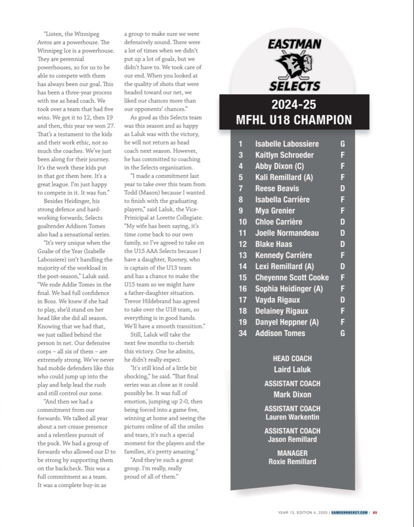 Eastman Selects (@eastmanfemale) on Twitter photo Great article in May 2025 edition of Game On magazine. Definitely a season to remember! 🏆#champions <a href="/MFHLU18AAA/">Manitoba Female Hockey League - U18 AAA</a> Great article in May 2025 edition of Game On magazine. Definitely a season to remember! 🏆#champions <a href="/MFHLU18AAA/">Manitoba Female Hockey League - U18 AAA</a>