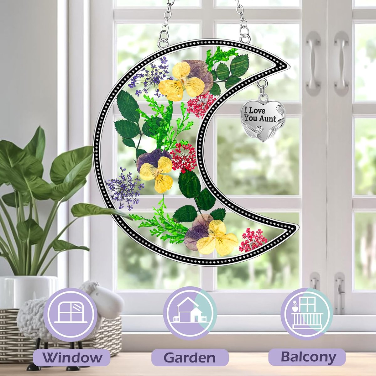 Moon Suncatchers for Window Hanging Heart Charm Gift for Aunt with Pressed Flower Embedded in Glass

🌙 Brighten your aunt's day with a lovely 42% discount on this charming suncatcher gift.

• Retail Price : $25.99  
• Discounted Price : $15.07  
• View on Amazon :
