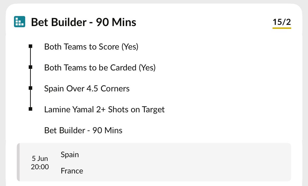 🚨 𝘚𝘱𝘢𝘪𝘯 𝘷 𝘍𝘳𝘢𝘯𝘤𝘦 𝗕𝗘𝗧 𝗕𝗨𝗜𝗟𝗗𝗘𝗥:

Odds: @ 15/2 (Talksport Bet)

When this wins I’ll #giveaway £200 to 1 person who:

🗳️ Likes this post
🗳️ Shares this post
🗳️ Follows <a href="/BetBibleTips/">Bet Bible</a> 

Check the comments for an extra entry!

𝗚𝗼𝗼𝗱 𝗹𝘂𝗰𝗸!