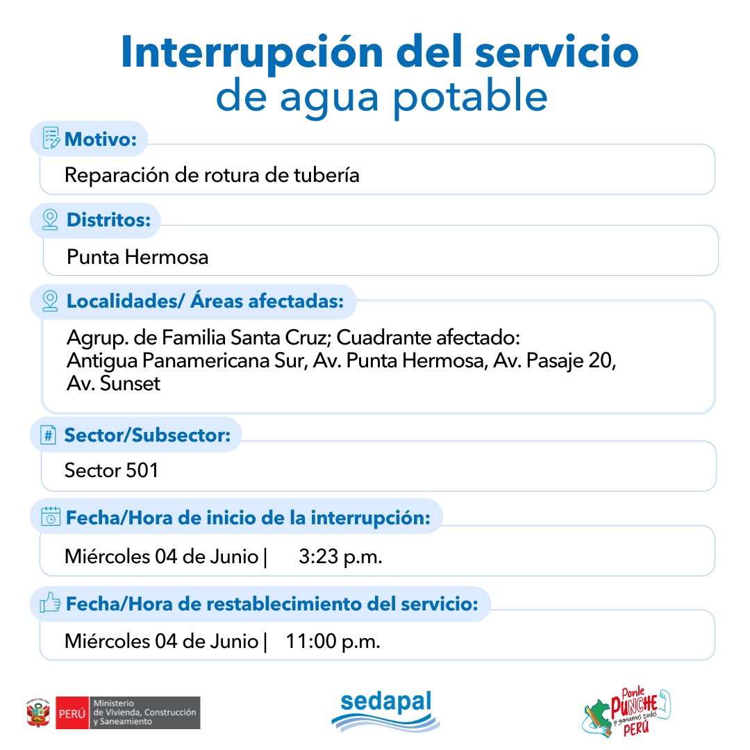 🚨 #LoÚltimo | ¡Atención vecinos de #PuntaHermosa! #Sedapal atiende una emergencia imprevista por lo que se interrumpirá parcialmente el servicio de agua en algunos sectores. Más detalles aquí 📷 #InterrupciónDelServicio