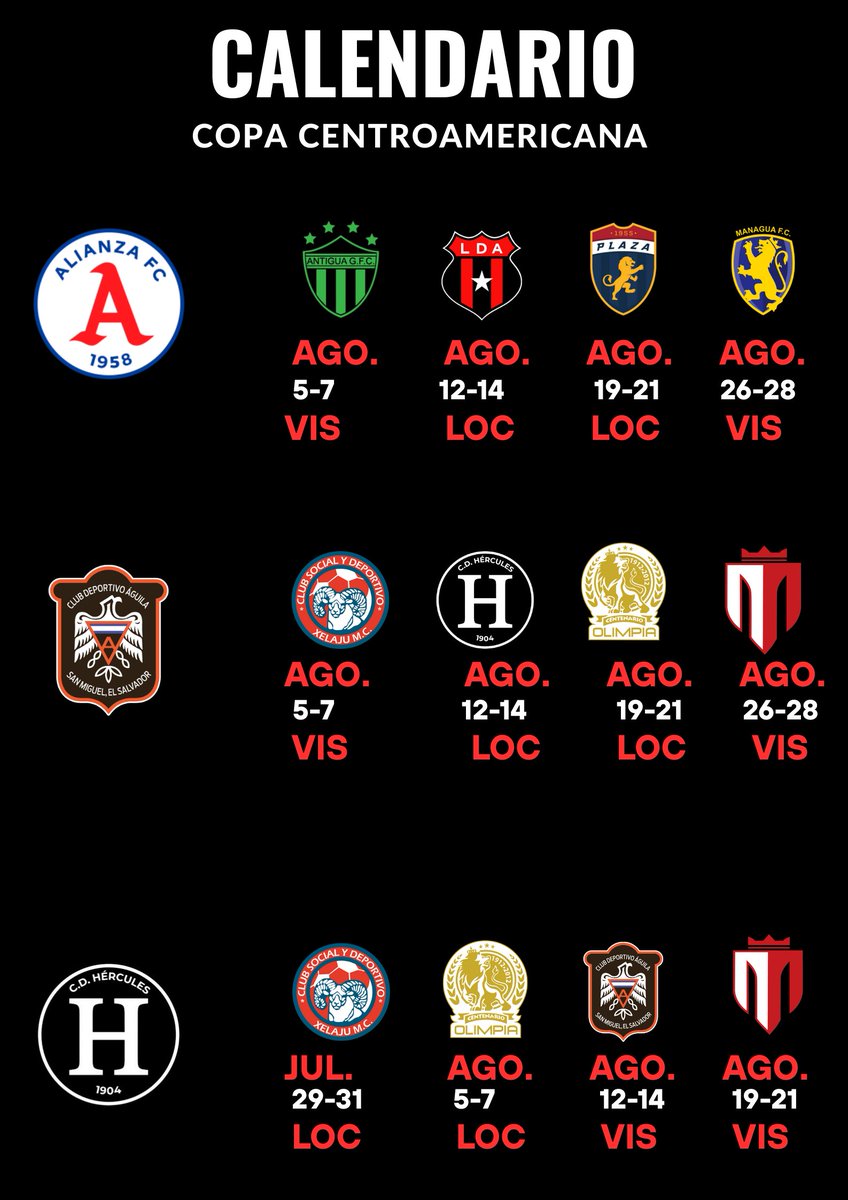 El calendario de juegos de los equipos salvadoreños en #CopaCentroamericana.
