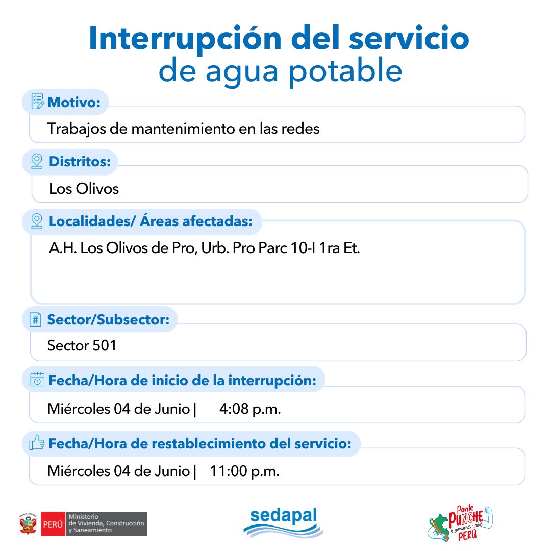 🚨 #LoÚltimo | ¡Atención vecinos de #LosOlivos! #Sedapal atiende una emergencia imprevista por lo que se interrumpirá parcialmente el servicio de agua en algunos sectores. Más detalles aquí 📷 #InterrupciónDelServicio