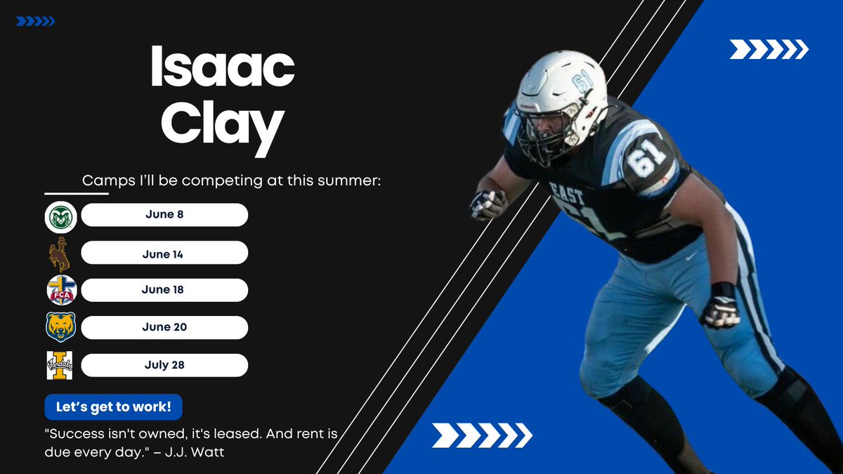 Isaac Clay '26 (@isaacclay_61) on Twitter photo Extremely grateful for all the coaches whom invited me out to camp this summer!! I wish I could go to all of them...excited to compete at the following camps this summer!!! Let's get to work!
<a href="/CSUFootball/">Colorado State Football</a> <a href="/CoachJayNorvell/">Jay Norvell</a> <a href="/BillyBestOL/">Bill Best</a> <a href="/Tmatthews16/">Trent Matthews</a> <a href="/XGoldsmith_/">Xavier Goldsmith</a>
<a href="/wyo_football/">Wyoming Cowboy Football</a> Extremely grateful for all the coaches whom invited me out to camp this summer!! I wish I could go to all of them...excited to compete at the following camps this summer!!! Let's get to work!
<a href="/CSUFootball/">Colorado State Football</a> <a href="/CoachJayNorvell/">Jay Norvell</a> <a href="/BillyBestOL/">Bill Best</a> <a href="/Tmatthews16/">Trent Matthews</a> <a href="/XGoldsmith_/">Xavier Goldsmith</a>
<a href="/wyo_football/">Wyoming Cowboy Football</a>