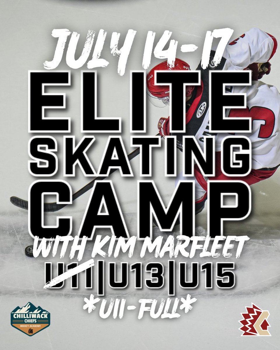 🚨DON'T MISS OUT ON OUR ELITE SKATING CAMP W/ KIM MARFLEET🚨
🗓️JULY 14-17
📍CHILLIWACK COLISEUM

THERE'S STILL SPACE FOR U13 &amp; U15 PLAYERS!
*U11 registrations are full*

🔗 Follow the link below for more information and to register!
chilliwackhockeyacademy.com/book-online