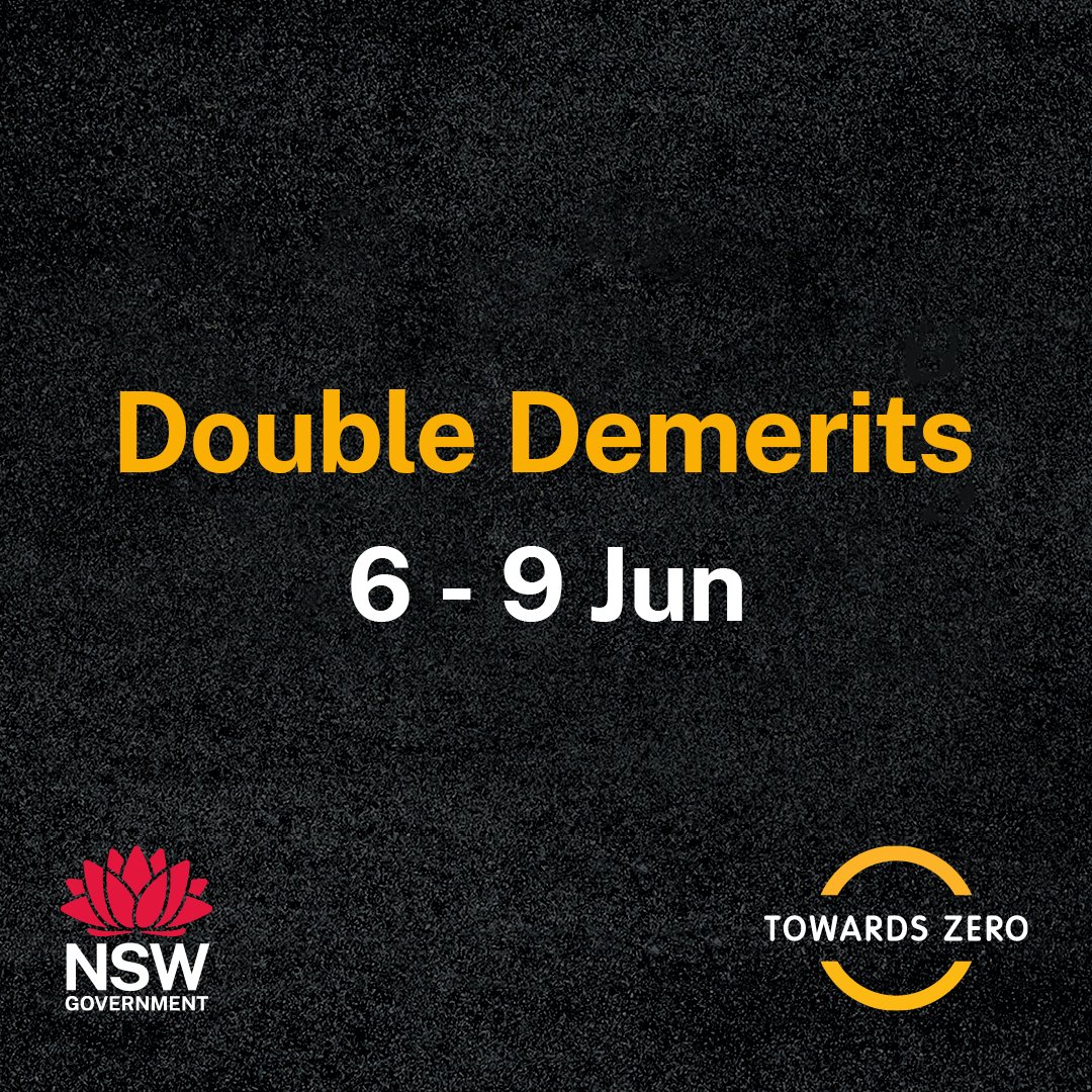 Transport for NSW (@transportfornsw) on Twitter photo 🚧 Double demerits start at midnight tonight and continue until 11:59pm, Monday 9th June.
<a href="/nswpolice/">NSW Police Force</a> will target speeding, mobile phone, seatbelt and motorcycle helmet offences this double demerits period 🚗 🚧 Double demerits start at midnight tonight and continue until 11:59pm, Monday 9th June.
<a href="/nswpolice/">NSW Police Force</a> will target speeding, mobile phone, seatbelt and motorcycle helmet offences this double demerits period 🚗