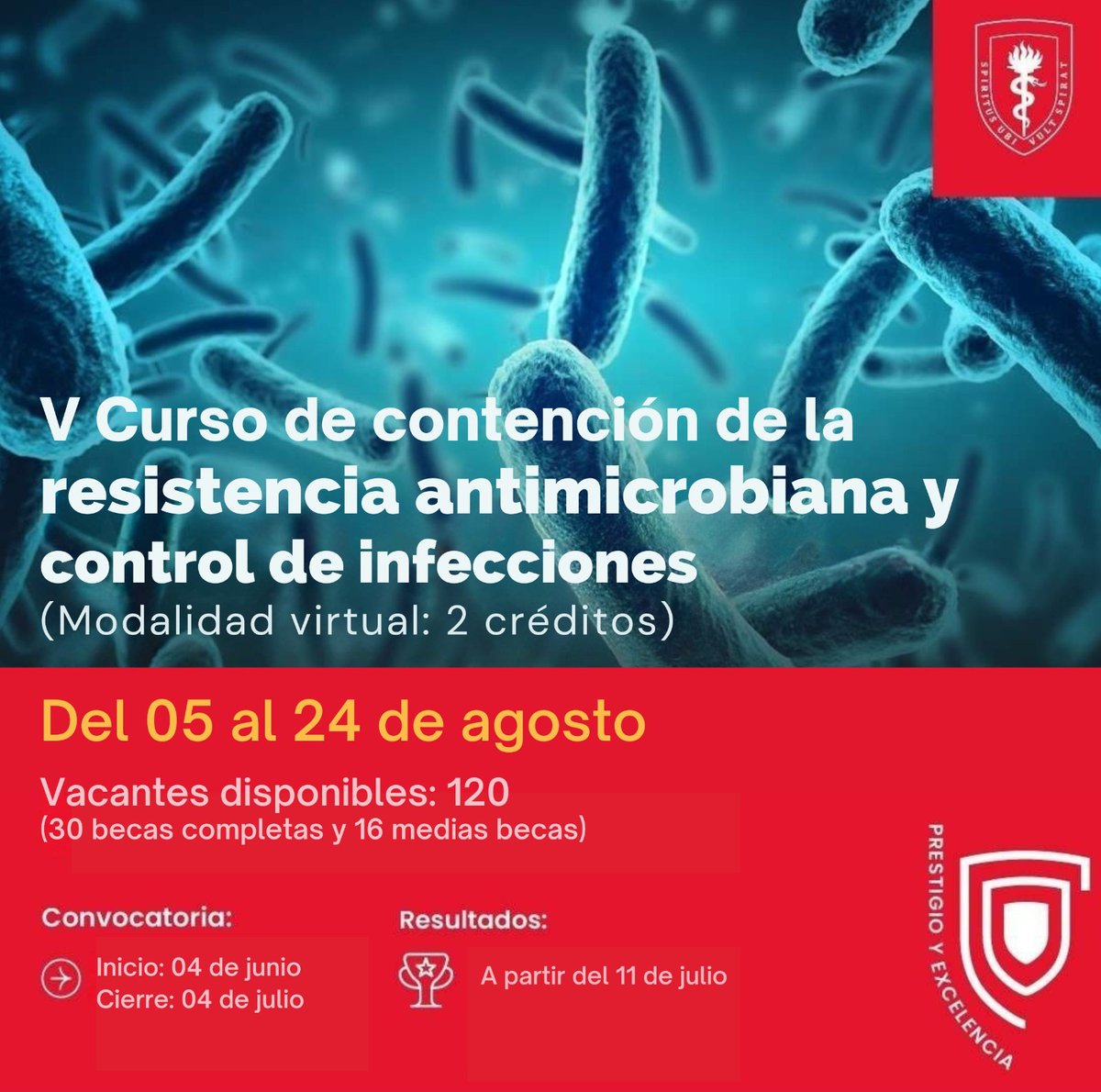 📌V CURSO VIRTUAL DE CONTENCIÓN DE LA RESISTENCIA ANTIMICROBIANA Y CONTROL DE INFECCIONES💊
Fecha: Del 05 al 24 de agosto- 2025
Postulación: forms.gle/XiHpwUCt8Po16h…
Para mayor información: imtavh.cayetano.edu.pe/.../iv-curso-d…
👏 Se otorgaran 30 becas completas y 16 medias becas.