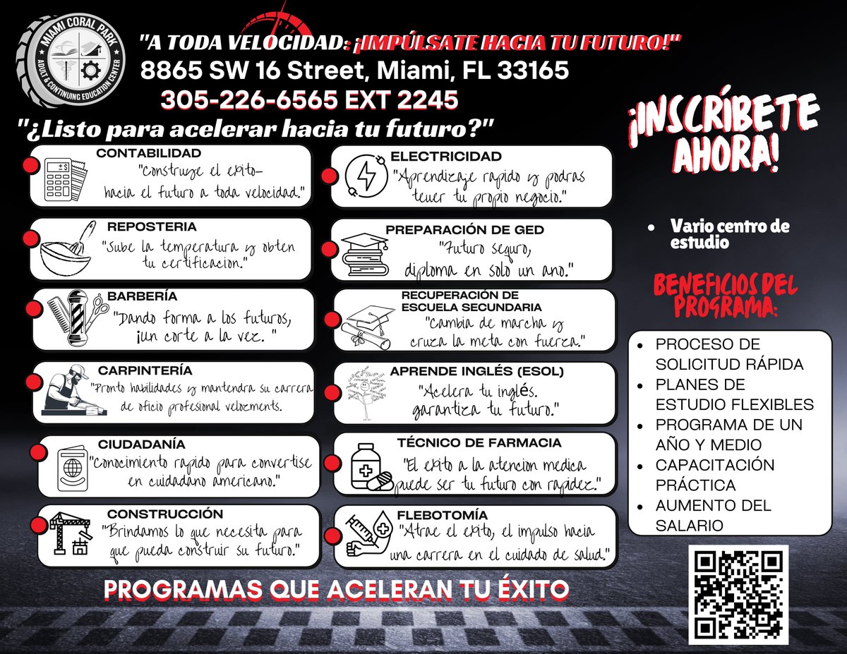 CoralParkAdult's tweet photo. 🎓 Clases de inglés, GED, carreras técnicas y más. 📞 ¡Matricúlate hoy y acelera tu éxito!
#YourBestChoiceMDCPS #AdultEdWorks @suptDotres @mantilla1776 @fox1914 @susymauri @mjlewis13 @ACEofFlorida #YourBestChoiceMDCPS https://t.co/iplci5llAa