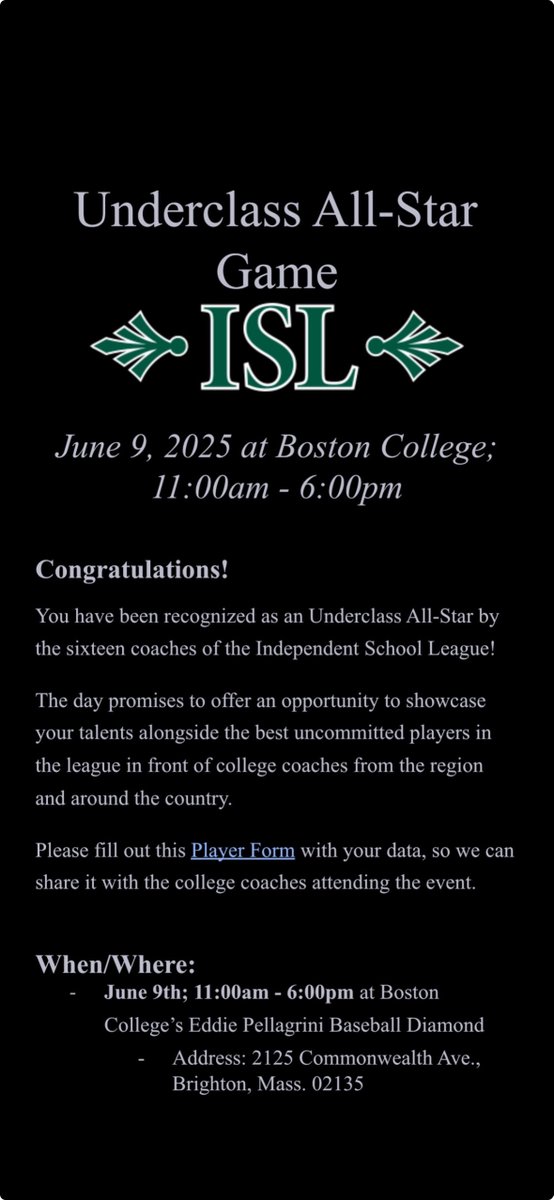 Grady Bishop (@gradybishop11) on Twitter photo Thanks coaches for the selection to represent St. Marks in the ISL underclassmen games on Monday, June 9th at BC- looking forward to it.
<a href="/Post234Baseball/">Northborough Legion</a>
<a href="/StMarksBaseball/">St. Mark's Baseball</a> Thanks coaches for the selection to represent St. Marks in the ISL underclassmen games on Monday, June 9th at BC- looking forward to it.
<a href="/Post234Baseball/">Northborough Legion</a>
<a href="/StMarksBaseball/">St. Mark's Baseball</a>
