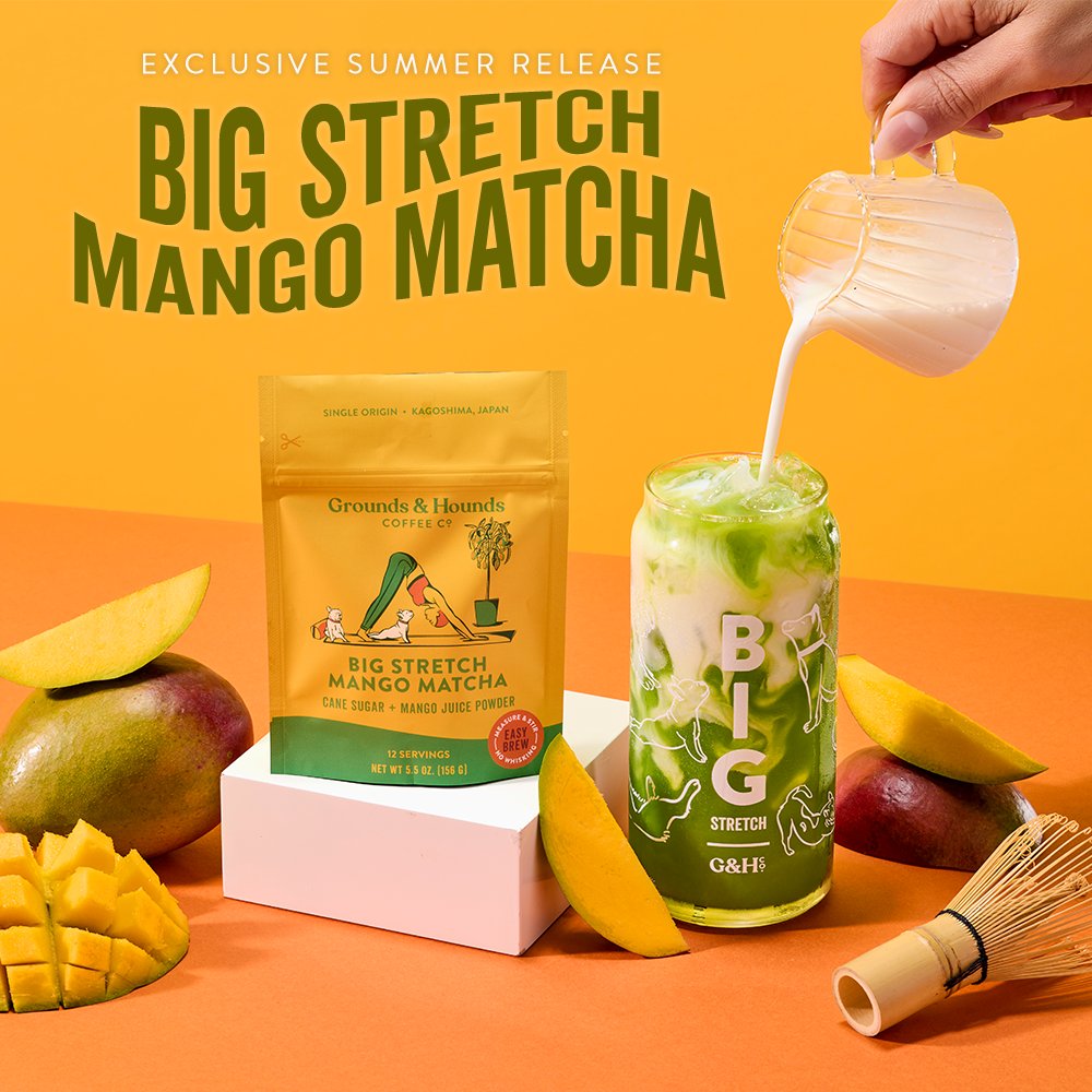 Mango + Matcha = Summer’s dream team. Made with real fruit, premium matcha, and a mission to rescue pups. Available for a limited time only! 🍵🥭😎
 #BigStretch #Matcha groundsandhoundscoffee.com/products/mango…