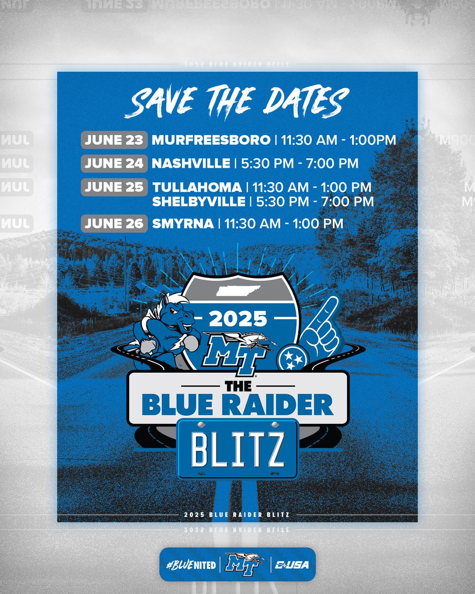 The Blue Raider Blitz is coming soon! Don't forget to RSVP for the events you'll attend and get your tickets for the special event in Nashville!

🚙 Details: goblueraiders.co/25BlueRaiderBl…
✅ RSVP: goblueraiders.co/25BlitzRSVP
🎟️ Nashville Event Tickets: goblueraiders.co/25NashvilleBli…

#BLUEnited