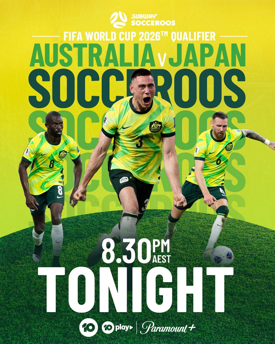 You won't want to miss this 2026 World Cup Qualifier tonight! 🟢 🟡 

Catch all the action from 8:30pm AEST TONIGHT on 10 and 10 Play 📺