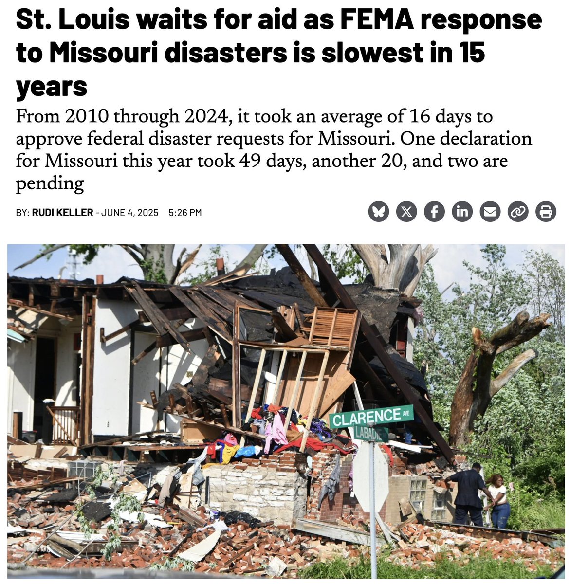 BigElad's tweet image. There are people living in homes without roofs in St. Louis. Some are living in tents near an overturned tractor trailer. The devastation stretches for miles.

Where is FEMA? Where is @POTUS?