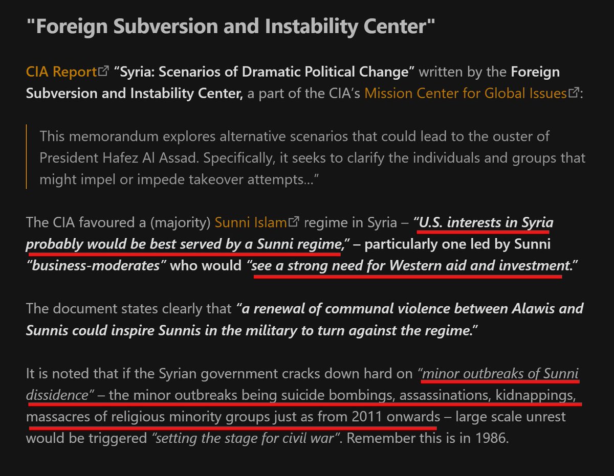 CIA's "Foreign Subversion and Instability Center." - 1986

It is noted that if the Syrian government cracks down hard on “minor outbreaks of Sunni dissidence” – the minor outbreaks being suicide bombings, assassinations, kidnappings, massacres of religious minority groups ...