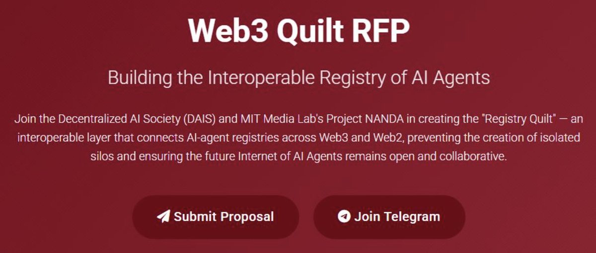 DAIS Global (@daisglobal) on Twitter photo 1/ @daisglobal & <a href="/raskarmit/">Ramesh Raskar</a>’s Project NANDA at the <a href="/medialab/">MIT Media Lab</a> launch the #RegistryQuilt RFP to build an interoperable layer between AI-agent registries
Start submitting solutions on Jun 12
👉 nanda.media.mit.edu/web3quilt/ 1/ @daisglobal & <a href="/raskarmit/">Ramesh Raskar</a>’s Project NANDA at the <a href="/medialab/">MIT Media Lab</a> launch the #RegistryQuilt RFP to build an interoperable layer between AI-agent registries
Start submitting solutions on Jun 12
👉 nanda.media.mit.edu/web3quilt/