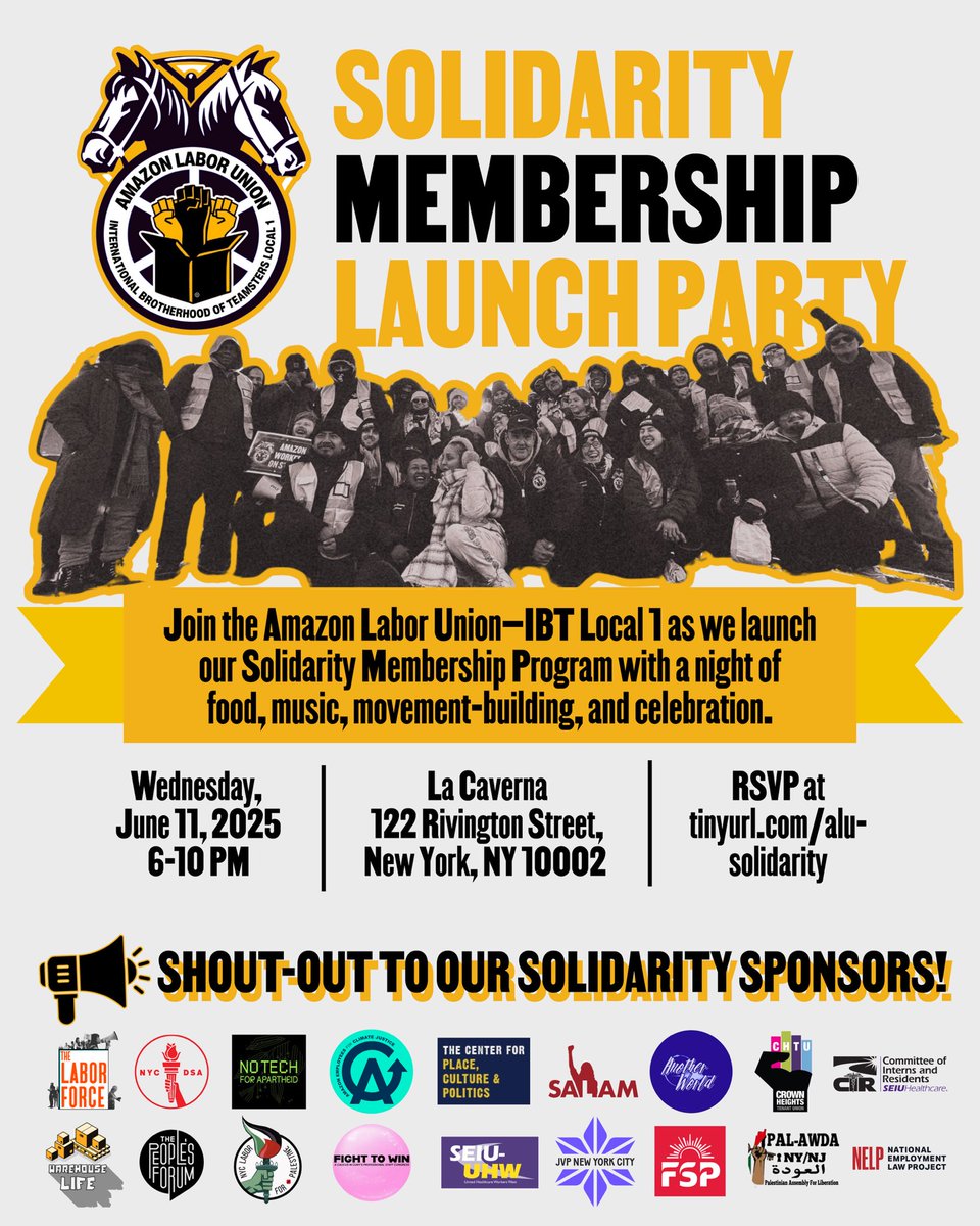 JOIN US! 
📅 Wednesday, June 11
🕕 6–10 PM
📍 La Caverna – 122 Rivington St, New York, NY 10002
✊ Join the ALU-IBT Local 1 as we celebrate the launch of our Solidarity Membership Program with an evening of food, music, and movement-building. 
📩 RSVP: amazonlaborunion.org/solidarity-mem…