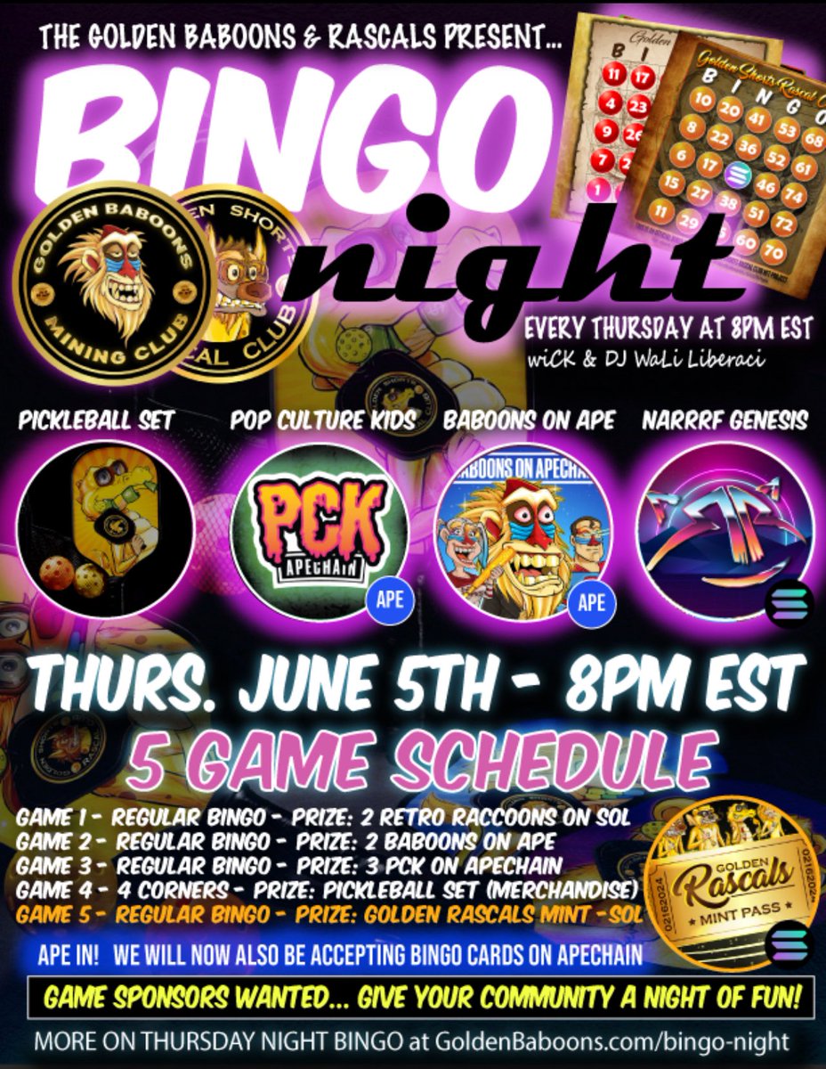 THURSDAY NIGHT BINGO (6/5)

Come join us for music, prizes &amp; fun!

🎙️5 BINGO games starting @ 8:30pm EST with our hosts <a href="/waLILIberace/">waLI’ LI’berace</a> &amp; <a href="/PCK_eth/">PCK</a> 

G1- 2 <a href="/80sRaccoons/">Retro Raccoons - Now on SOLANA</a> 
G2- 2 Baboons on $Ape
G3- 3 <a href="/pckonape/">Pop Culture Kids 🍌</a> 
G4- Pickleball Set
G5- Golden Rascals

X Space: 👉🏼x.com/i/spaces/1rmxP…