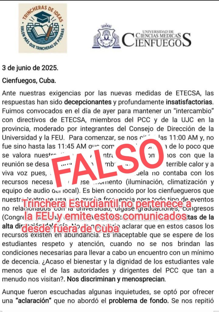 ❌ Estas son algunas de las cartas y comunicados FALSOS que han sido denunciados por los propios estudiantes y colectivos universitarios hoy. No fueron emitidas por la FEU, ni el estudiantado de estas facultades o universidades.

🔎 ACLARAMOS que sí hay varias que han sido