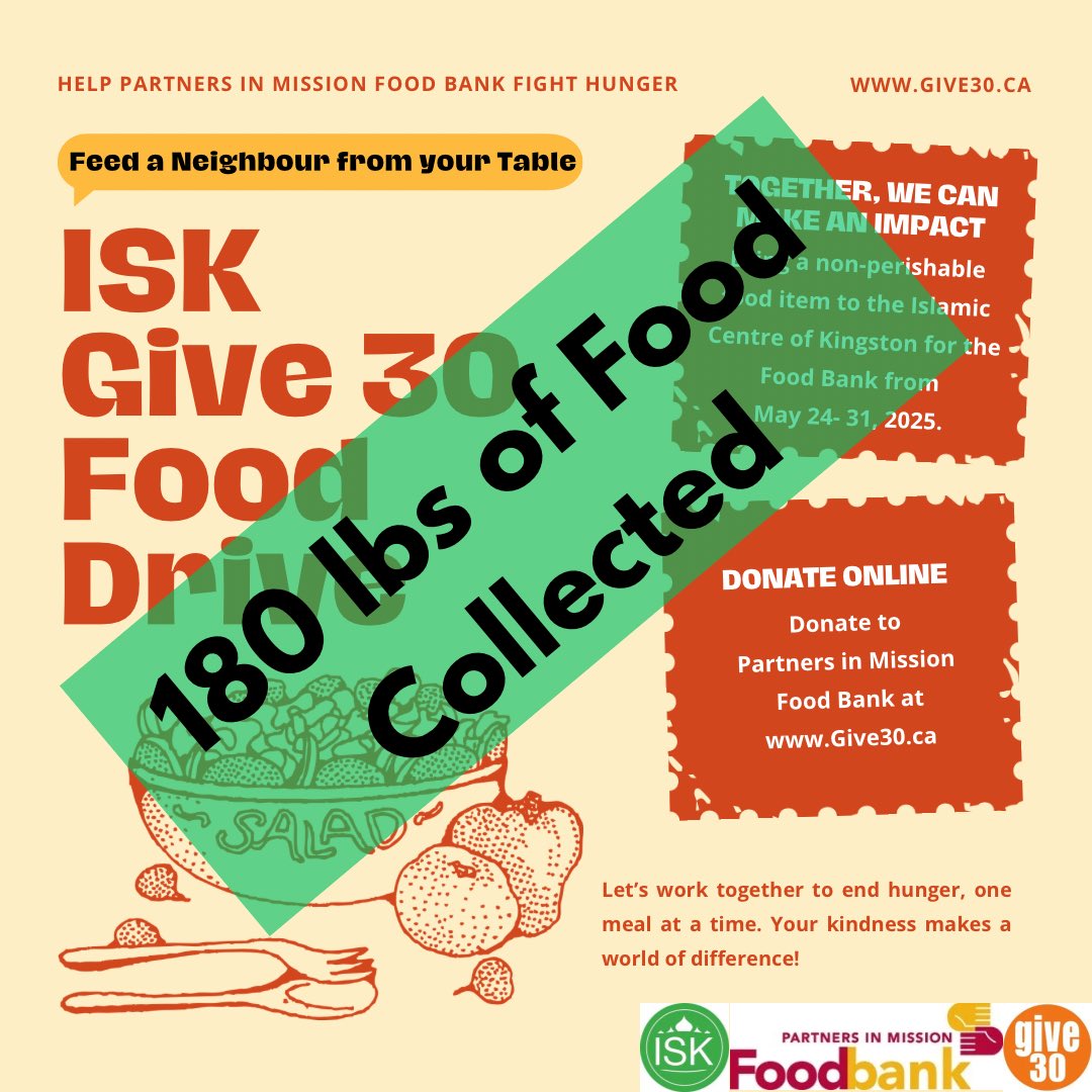 Give 30 Kingston (@give30ygk) on Twitter photo Thank you to the <a href="/KingstonMuslims/">Islamic Society of Kingston (ISK)</a> for collecting 180 lbs of food in their recent Food Drive for <a href="/FoodBankKtown/">Partners in Mission</a> . What a great finale for the #Give30 campaign! Masha Allah Thank you to the <a href="/KingstonMuslims/">Islamic Society of Kingston (ISK)</a> for collecting 180 lbs of food in their recent Food Drive for <a href="/FoodBankKtown/">Partners in Mission</a> . What a great finale for the #Give30 campaign! Masha Allah