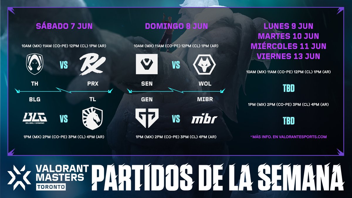¡No te pierdas el arranque de #VALORANTMasters Toronto este sábado! 🤩 Disfruta las primeras partidas del internacional para descubrir cómo avanza la competencia.

Sigue la acción de cerca en valorantesports.com