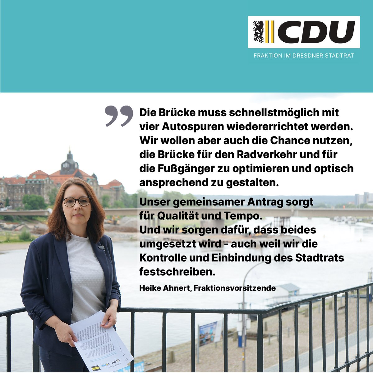 Gemeinsamer Antrag zum zügigen Wiederaufbau der Carolabrücke - Klare Prioritäten sind Tempo beim Bau und Leistungsfähigkeit der neuen Brücke
Der Stadtrat muss in seiner kommenden Sitzung die Eckpunkte und Leitziele des Ausschreibungsverfahrens festlegen.
dresden-cdu.de/aktuelles/2025…