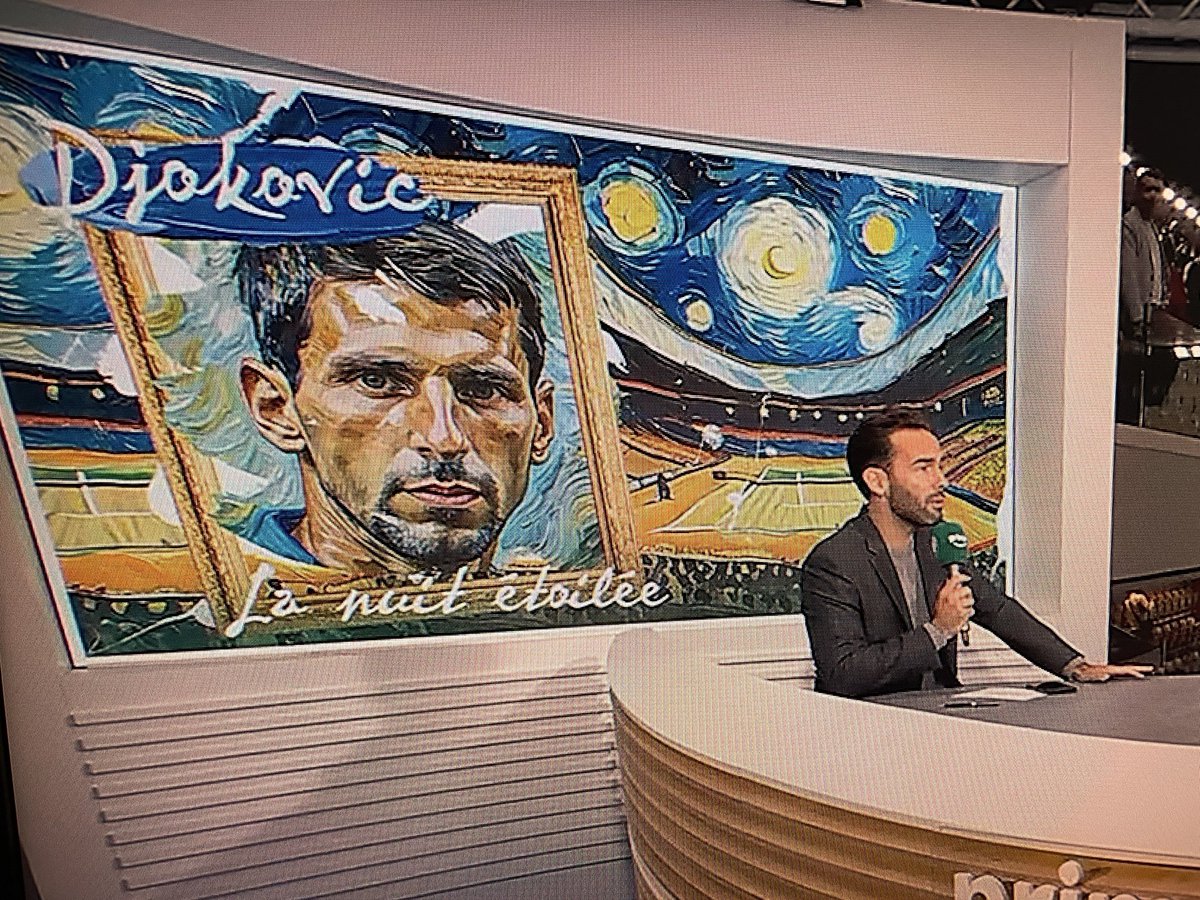 Zounaille's tweet photo. @PVSportFR Quand on veut utiliser l’IA, autant le faire bien. Style Van Gogh : OK. Mais pourquoi l’intérieur de la surface du court est en gazon ? Pourquoi Djoko ressemble à l’autoportrait de Van Gogh ? La prochaine fois demandez-moi. Je fais bien mieux et plus vite avec l’IA. https://t.co/Y9bzzLUiPP