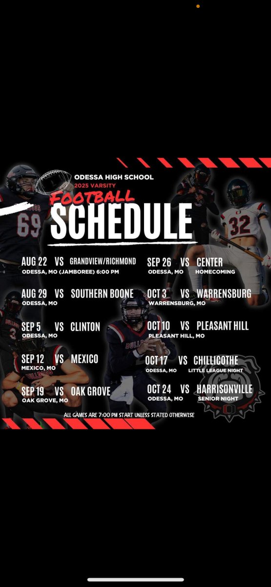 The Bulldogs 2025 schedule is here! Your Odessa Bulldogs will kick off their 2025 campaign against Southern Boone at home on August 29th. #HAVOC