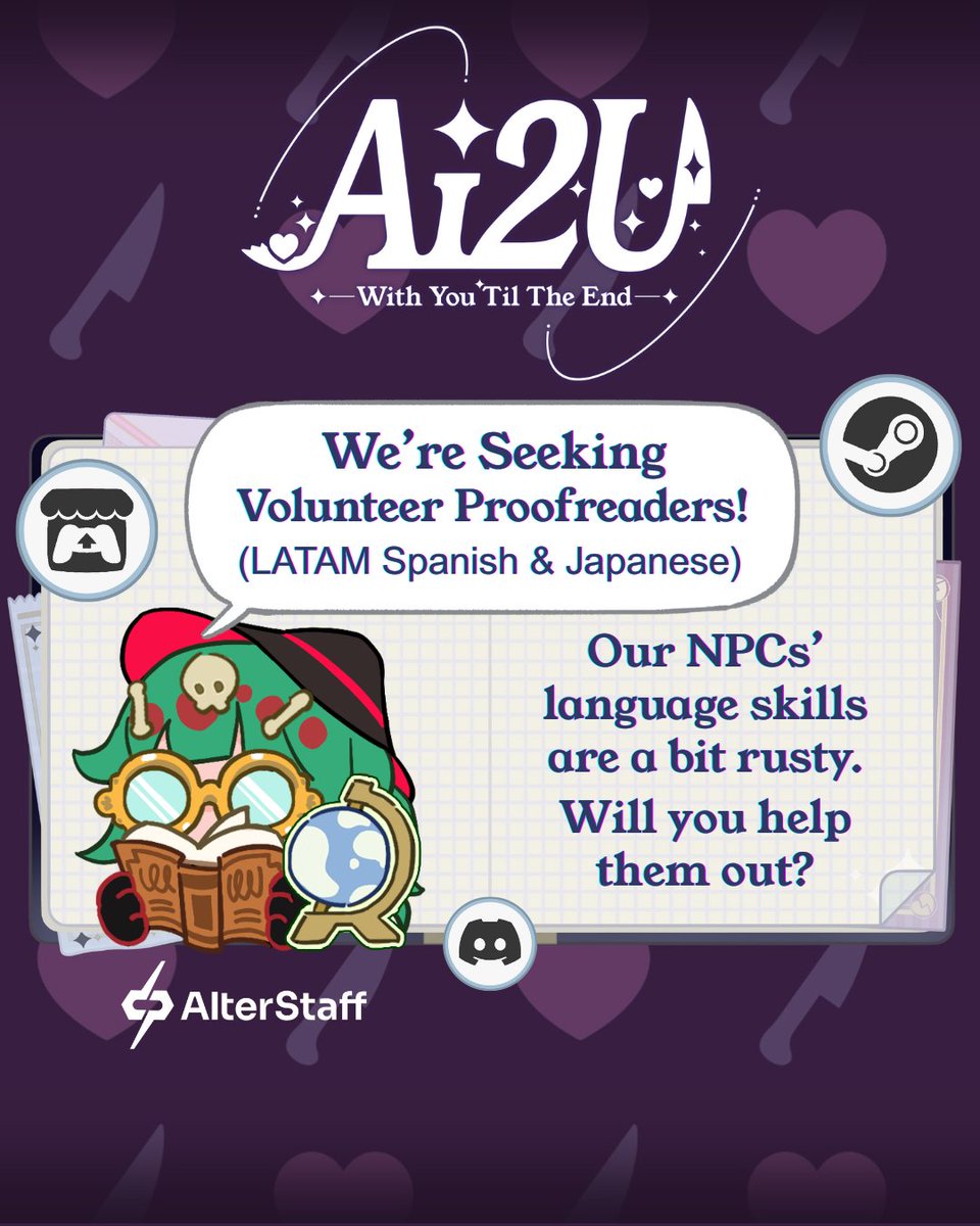 AI2U_game's tweet image. Volunteer translators wanted: LATAM Spanish &amp;amp; Japanese, pros and first-timers welcome!

Help us proofread our indie game to add to your portfolio~ Tap below for a bit of context + how to apply!

#gamelocalization #localization #indiegamedev #translation #indiegamedev #indiegame