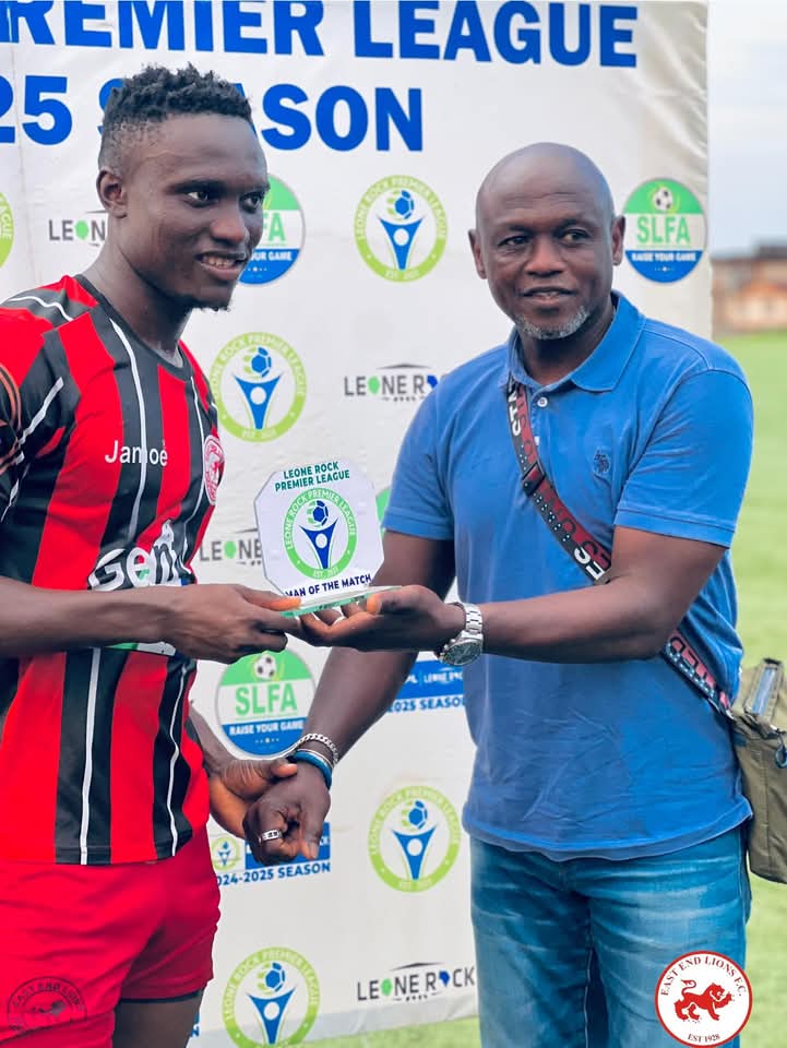 LEONE ROCK PREMIER LEAGUE 24/25

 EAST END LIONS FC 3️⃣
              V
      SLIFA FC 2️⃣
10 Mins Abdul Nyamekye ⚽
Assist by Sam Diallo 
63 Mins Alie Conteh (Danger)⚽
Assist by Sam Diallo 
85 Mins Sulaiman S. Kargbo (SS)

Red card Sam Diallo 🟥 EELIONS 

 Approved School Field