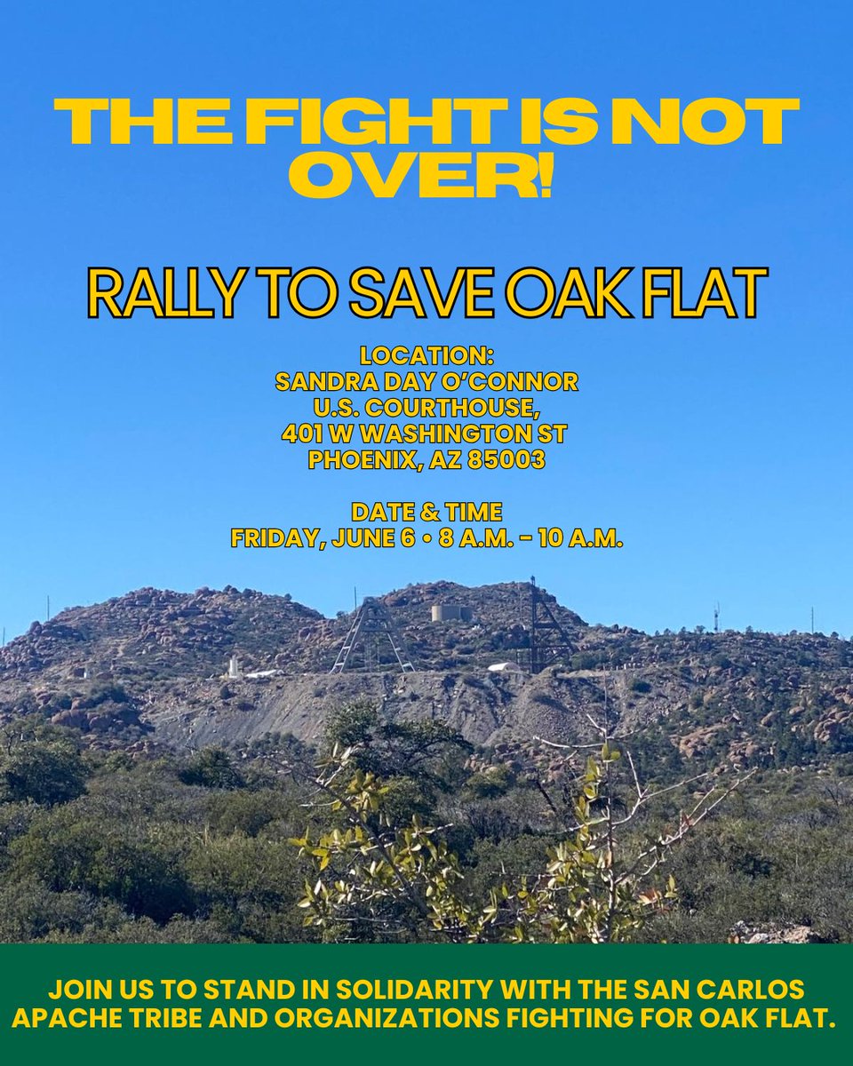 The #SupremeCourt refused to hear Apache Stronghold’s case to protect #OakFlat but the fight is not over! The Tribe and allies are back in court to stop a foreign copper mine from destroying this sacred land that's part of Tonto National Forest. Rally: Friday 8AM, hearing: 10AM.